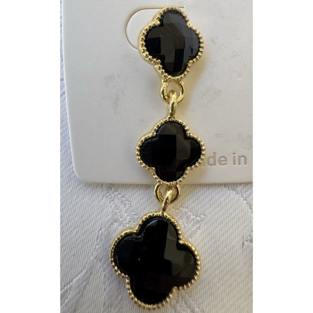 Black Goldtone 3 Clover Dangle Drop Fashion Costume Earrings NEW - Picture 3 of 6